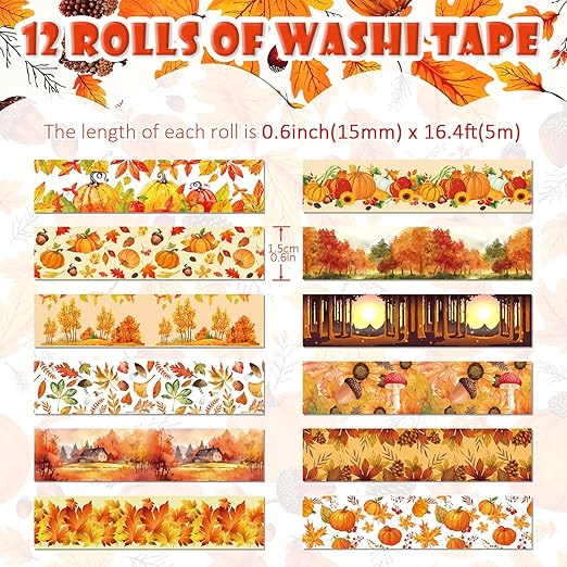 12 Rolls Autumn Washi Tape Set, Fall Maple Leaves Pumpkin Sunflower Thanksgiving Decorative Tape for Bullet Journal, Planner, DIY Arts Crafts, Scrapbooking, Gift Wrapping 16.4FT