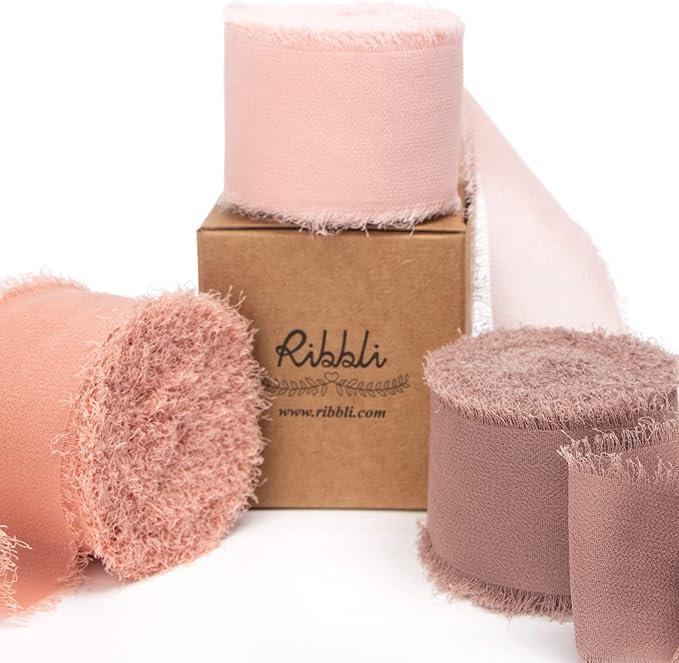 Ribbli Chiffon Silk Ribbon, 1.5 inch x 30 Yard, Blush Pink/Dusty Pink/Mauve Fringe, Wedding Invitations, Bridal Bouquets, Flower Arrangement