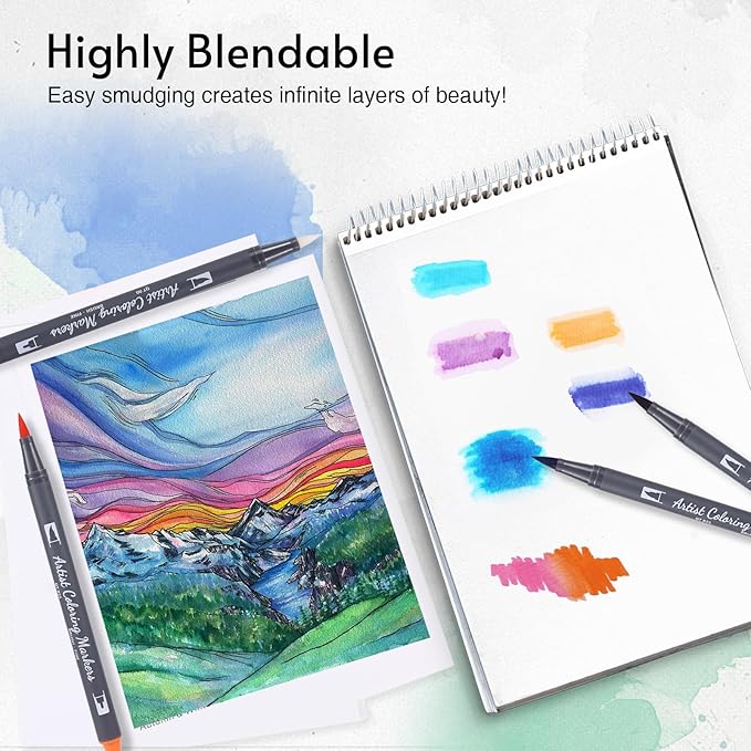 12 Colors Blendable Watercolor Pens 2025 Upgrade Water Based Paint Set Double Tip Watercolor Markers with 1 Water Brush Pen Coloring Pens Drawing Markers with Brush Tip for Artists&Beginners