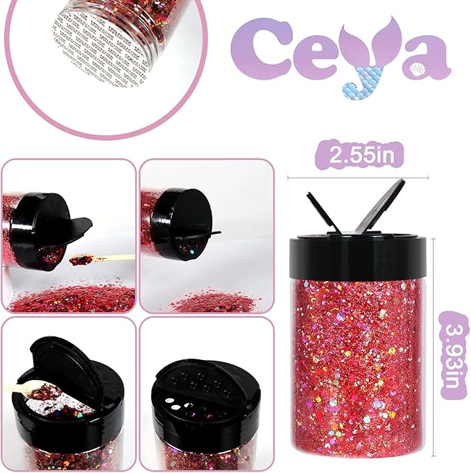 Ceya Holographic Chunky Glitter 4.9oz/ 140g Rose Pink Craft Glitter Powder Mixed Chunky Fine Flakes Iridescent Nail Sequins Fe for Nail Art, Hair, Epoxy Resin, Tumblers, Slime, Painting,Festival Decor