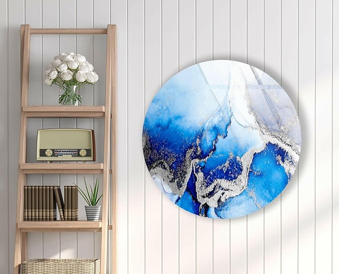 My Photostation.com 31.5''(80cm) Diameter Blue Marble Round with Silver Details Glass Wall Art Tempered Glass Printing Wall Decor Large Wall Art Wall Hangings