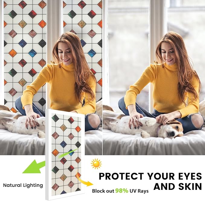 DKTIE Stained Glass Window Film Geometric Patterns, Fine Frosted Window Clings for Glass Windows, Waterproof for Bathroom Window Privacy Film Day and Night (S533, 35.4in X 78.7in)