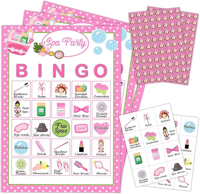 Spa Party Bingo Game Cards(24 Players), Beauty Themed Bingo Card for Family Friend Adult, Large Group Holiday Sleepover Party Activity Favor Decoration Supplies -005
