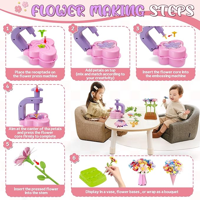Fabric Flower Bouquets Toys – Mess-Free Flower Crafts for Kids & DIY Arts and Kid Crafts for Ages 3 4 5 6 7 8 9+, No Glue Needed, Fun Early Educational STEM Gift for Birthdays, Christmas, Holidays