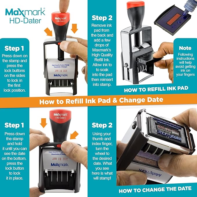 MaxMark Heavy Duty Self Inking Date Stamp with Phrase Entered - 2 Color Blue/Red Ink