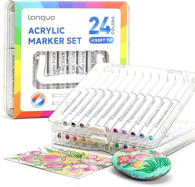 24 Colors Acrylic Paint Markers Pens Set, Soft Brush Tip Markers with Fast Drying & No-Bleed Ink, Acrylic Paint Pens for Rock, Wood, Egg, Ceramic, Fabric Painting, Art Supplies and DIY Crafts