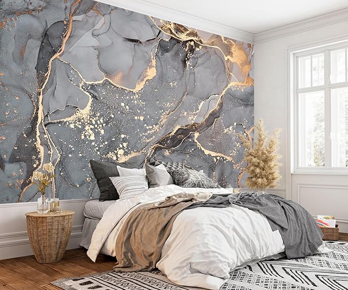 AFZEVEB-Gray and Gold Marble Wallpaper Wall murals for Bedroom 114"x74"(Not Peel and Stick)
