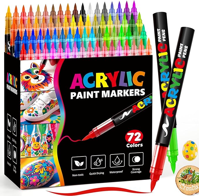 72 Colors Acrylic Paint Markers, Soft Brush Tip Pens and Markers, Water-Based Acrylic Paint Pens for Wood, Stone, Canvas, Glass, Fabric, Egg, Rock Painting and DIY Crafts Art Supplies