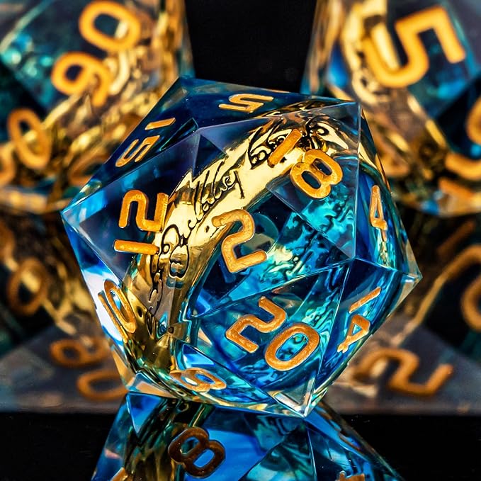 OUKELANWO Magic Lord Rings DND Dice Set with Box, 7Pcs Resin LOTR D&D Dice Set for Role Playing Game, Blue Gold Dungeons Dragons D and D Sharp Edge Dice D20 D12 D10 D8 D6 D4