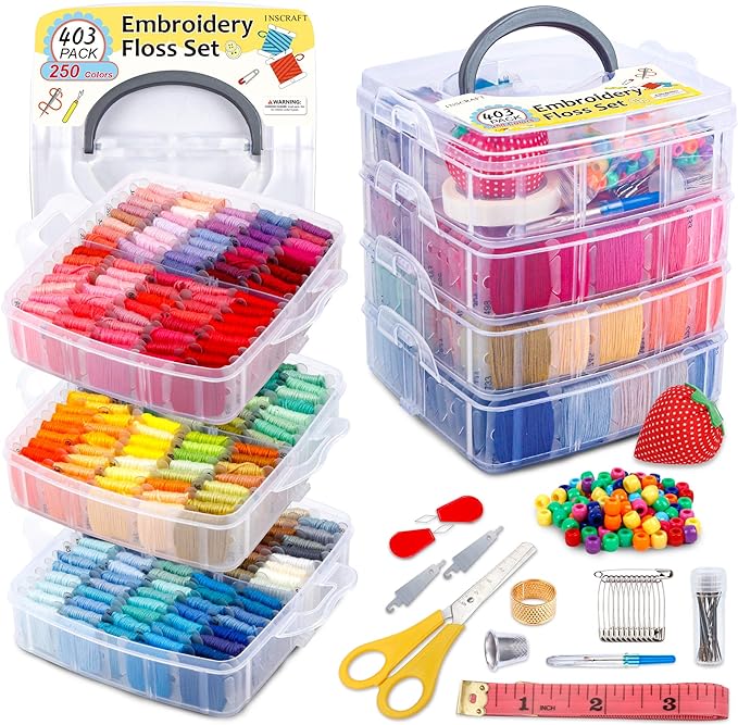 Inscraft 403 Pack Embroidery Floss Set, 250 Colors Cross Stitch Friendship Bracelet Thread with 153 Pcs Cross Stitch Tool, 4-Tier Transparent Box for Storage