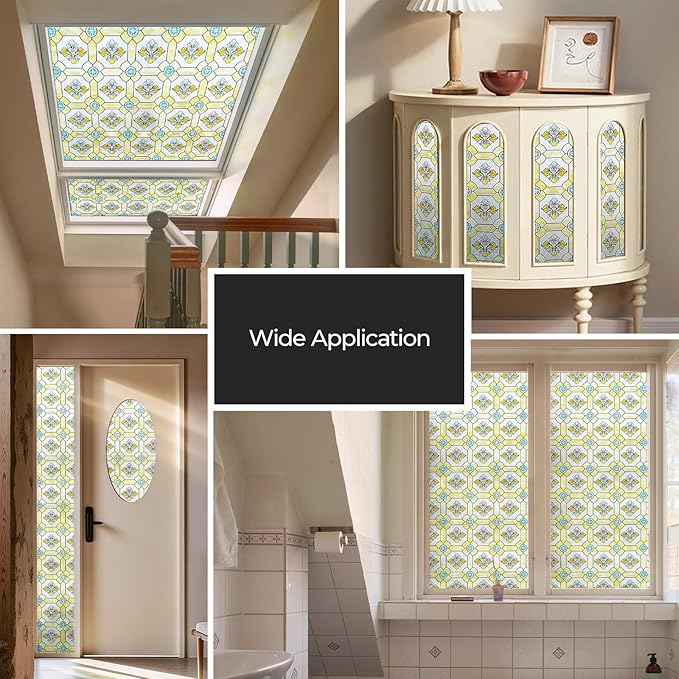 3D Stained Glass Window Film, Decorative Window Privacy Film for Bathroom,Front Door,Home, Sun Blocking Heat Control,Static Cling,23.6inch x 35.4inch Gilt Glazed Flowers