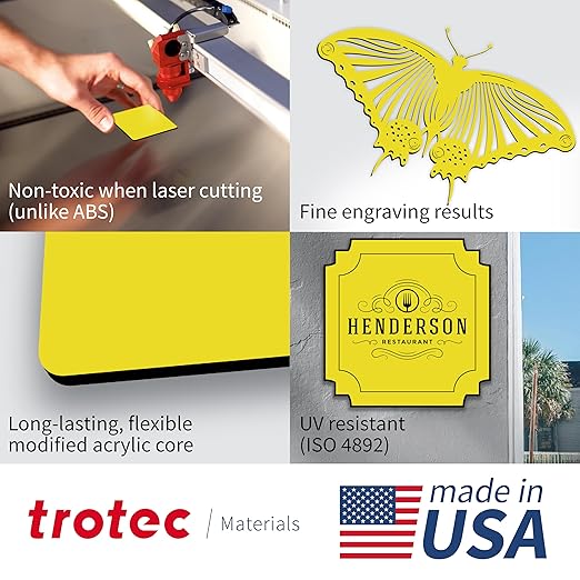 Trotec TroLase | 12"x12"x1/8", 8 Pcs | Yellow/Black| 2 Ply | Modified Acrylic | Laser Engraving Double Color Plastic Sheet | Engraving Blanks for Laser, Saw, Guillotine | Made in USA