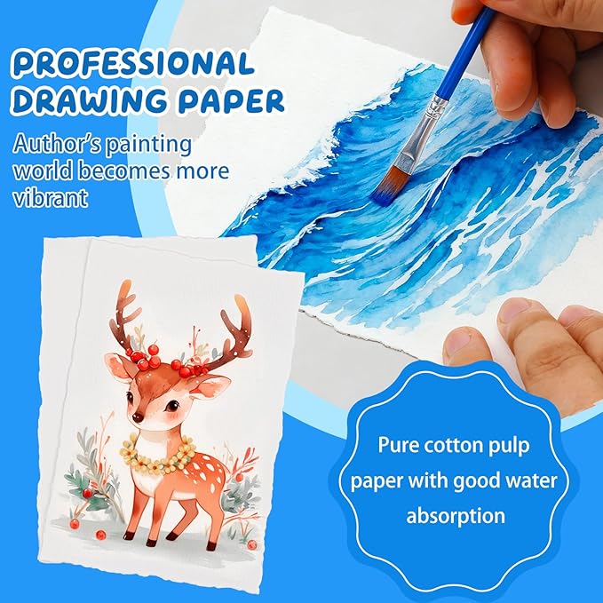 Lunarm Watercolor Paper 50 Sheets, Deckled Edge Paper 300 GSM 4 x 6 inch, Handmade Textured Cotton Paper for Wedding Invitation, Oil Pastel, Watercolor Painting and Cards, Crafts