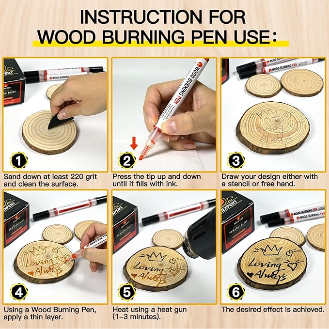 Teexpert Wood Burning Gel Pen Kit, 4 OZ Paste, 2 Double-Sided Scorch Pens, 4 Tips, Squeegee, Sandpaper for DIY Heat Sensitive Wood Crafts Suitable for Artists & Beginners