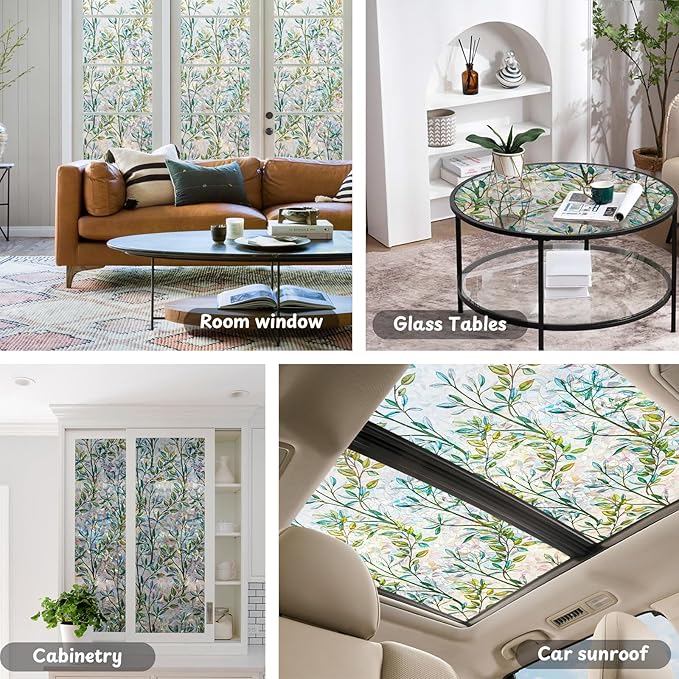 NINETREX Stained Glass Window Film 3D Decorative Cling, Sun Blocking Static Cling Removable Film for Glass Door, Home Decor Window Cover Non-Adhesive 29.5 x 78.7 inches, Leaf