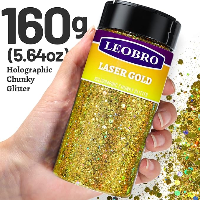 LEOBRO Gold Glitter, 160g/5.64oz Holographic Chunky Glitter for Crafts, Resin, Nail Body, Tumblers, Party Decorations