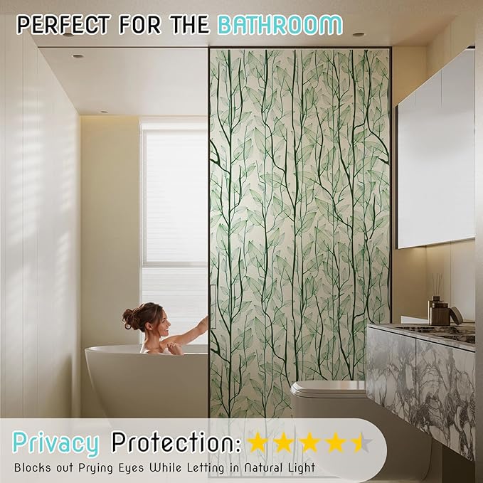 DKTIE Window Film Privacy with Installation Tools, Decorative Stained Glass Window Clings for Home, Static Cling Window Sticker for Front Door, Bathroom, Glass Door (Dark Green, 35.4'' x 118.1'')