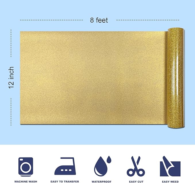 Golden Glitter HTV Heat Transfer Vinyl, 12" x 8ft lron on Vinyl, for T-Shirt Ironing, Vinyl HTV Easy to Cut and Weed, The Best Choice for DIY Creativity. (Golden, 12" x 8ft)