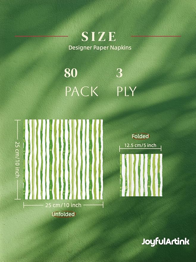 80 Pack Designer Cocktail Beverage Napkins, 3-Ply 5x5-inches Disposable Decorative Fall Winter Green and White Stripe Watercolor Napkin for Wedding Birthday Anniversary Party Baby Shower