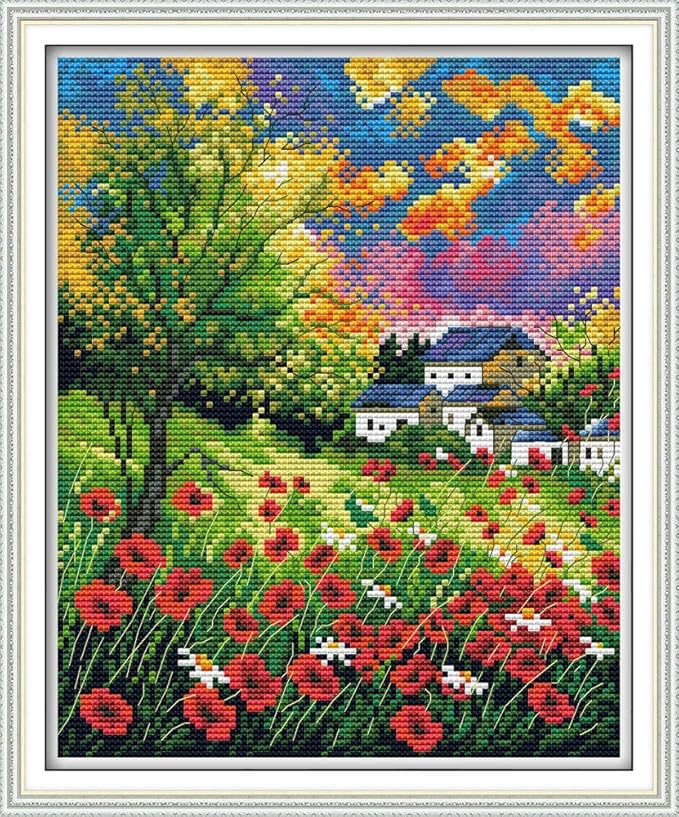 Maydiyer 11CT Stamped Cross Stitch Kits Pre-Printed Embroidery Kit Flowers Pattern for Girls Needlework Sets-Beautiful Flowers (1) 13×15 inch