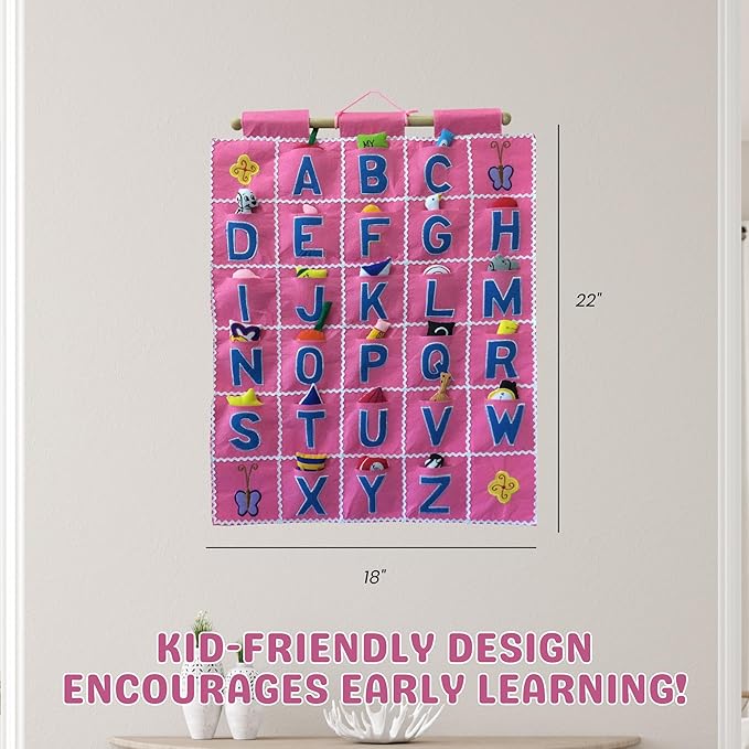 Pockets of Learning Pink ABC Felt Wall Hanging Chart - Early Education Alphabet Fabric Wall Décor for Children's Room | Engaging Educational Learning Art for Kids with Fabric Objects in Pocket