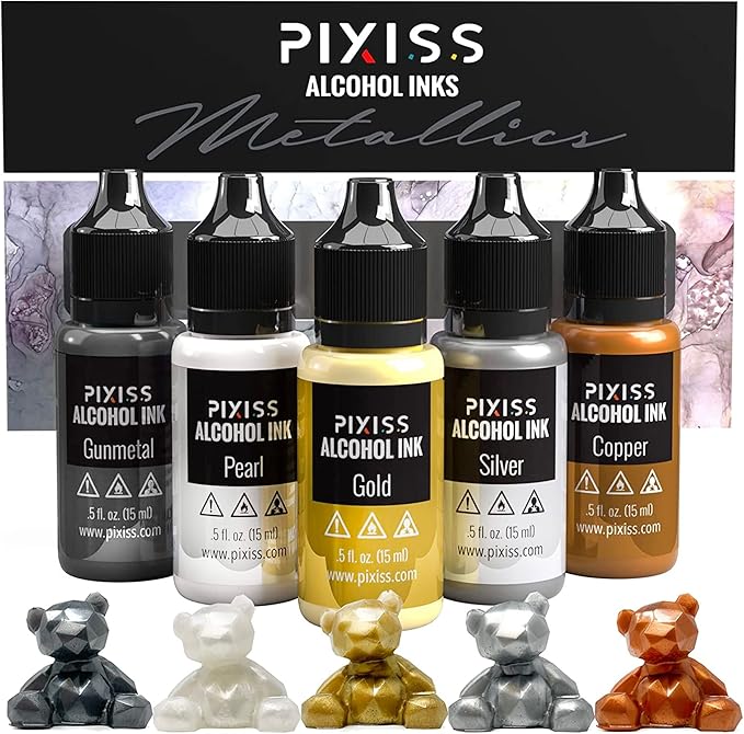 Metallic Alcohol Ink Set - Gold, Silver, Gunmetal, Copper, Pearl with Extreme Shimmer - Large 0.5 Ounce Inks