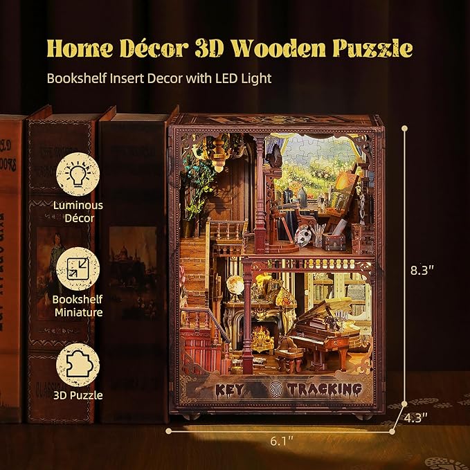 3D Wooden Puzzle Book Nook Kit with LED Light, DIY Miniature Bookshelf Insert Décor for Display, Unique Craft Gift for Adults and Teens (Key Tracking)