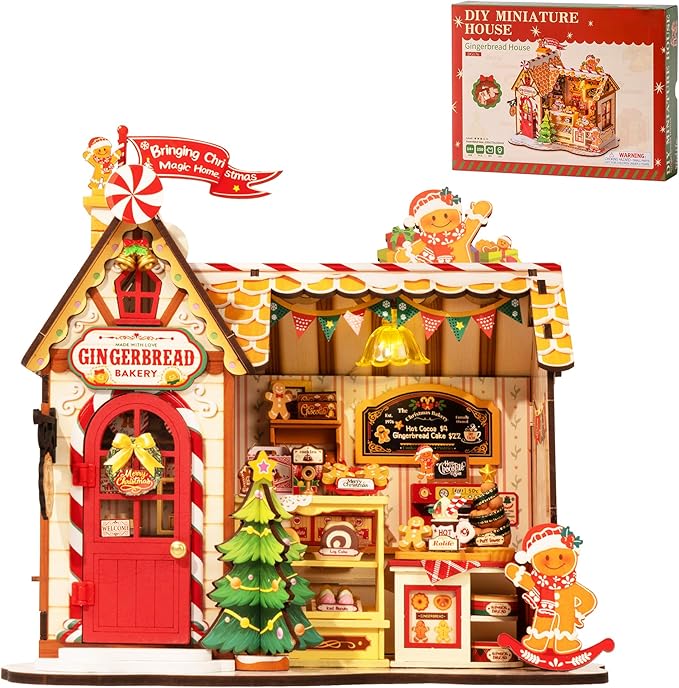 ROBOTIME DIY Miniature House Kit, Tiny House Book Nook for Family and Friends, Mini Wooden Dollhouse Kit for Halloween/Christmas/Birthday Gifts（Gingerbread House）