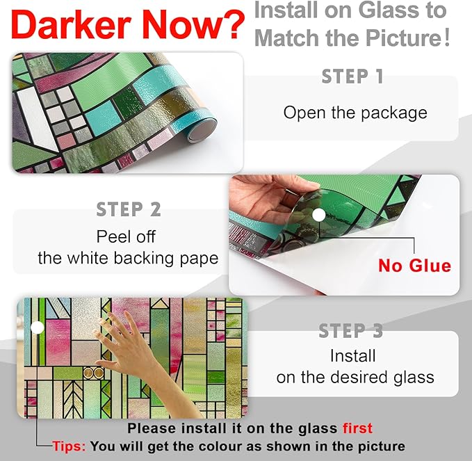3D Stained Glass Window Privacy Film, Heat Control UV Blocking Static Cling Decorative Window Film for Bathroom,Front Door,Home Non Adhesive 16.9 x 78.7 inches Colorful Abstraction