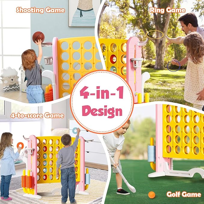Giant 4 in a Row Connect Game with Mesh Fabric | Height Adjustable 4-in-1 Jumbo 4-to-Score Yard Game Set with Basketball, Golf & Ring Toss | Outdoor Indoor Family Yard Party Game for Kids & Adults