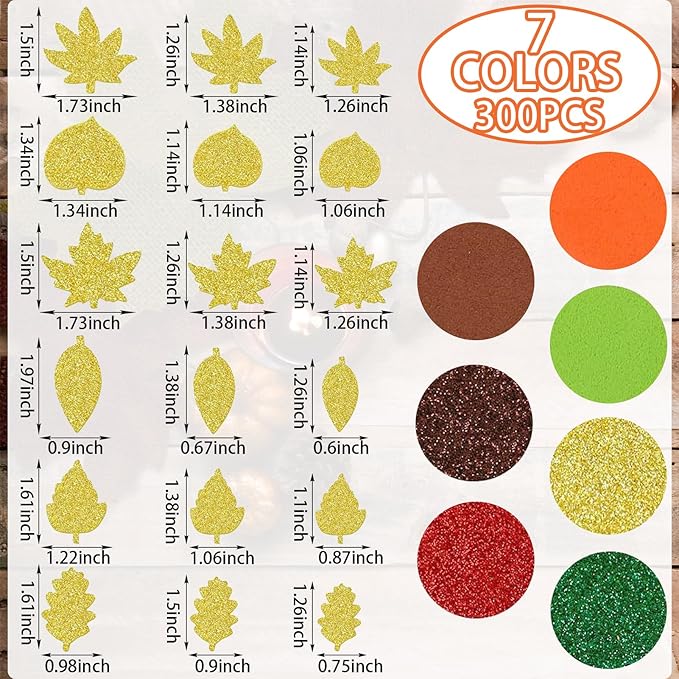 300Pcs Fall Foam Leaf Stickers, Autumn Glitter Maple Leaves Self Adhesive Foam Stickers Thanksgiving Party Favors DIY Crafts Decorations