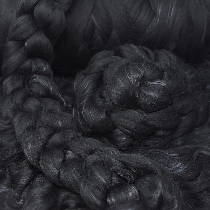 Merino Silk Luxe Tonal Designer Blend. Superfine Merino, Mulberry Silk, Tussah Silk. Top Roving for Spinning or Felting. Obsidian 1oz