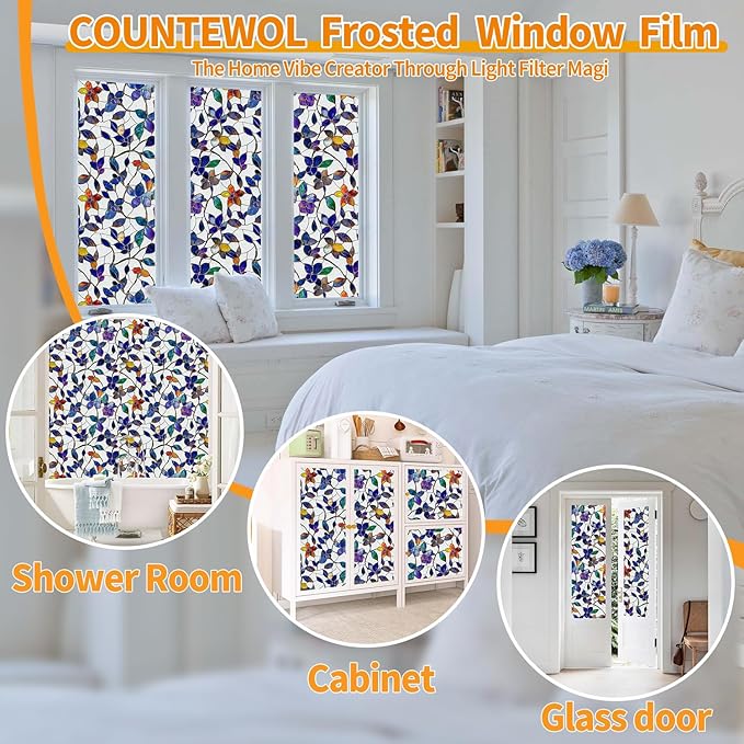 Window Privacy Film Stain Glass Window Film Rainbow Window Film Window clings Non-Adhesive Reusable Decorative for Room (Frosted Stained Leaf, 35.4 x 78.7 in)