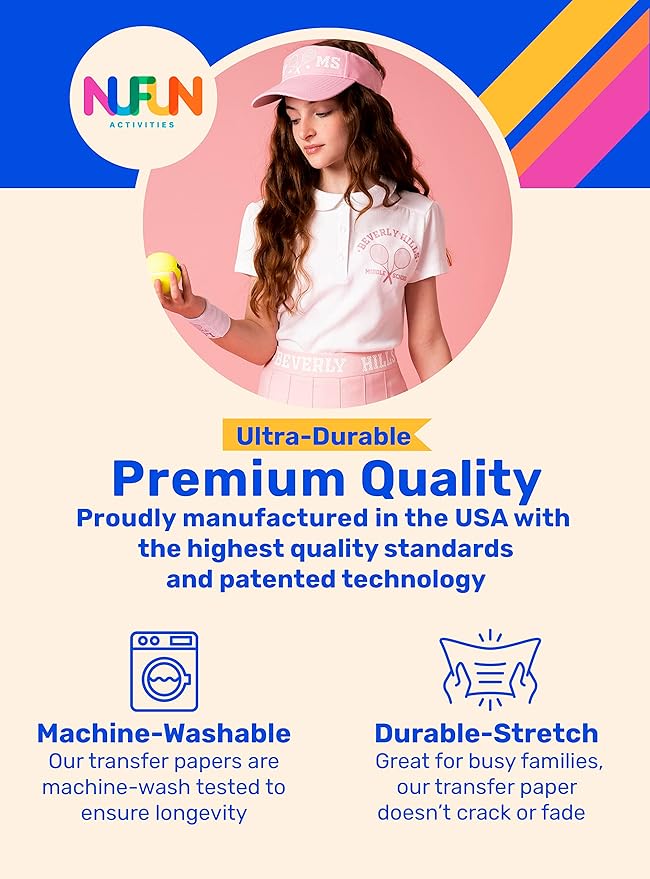 NuFun Activities Printable Iron-on Heat Transfer Paper for T Shirts, Light Fabrics, 6 Sheets 8.5 x 11 inch, Long Lasting, Durable, Professional Quality, Easy DIY, Non-Toxic, Made in The USA