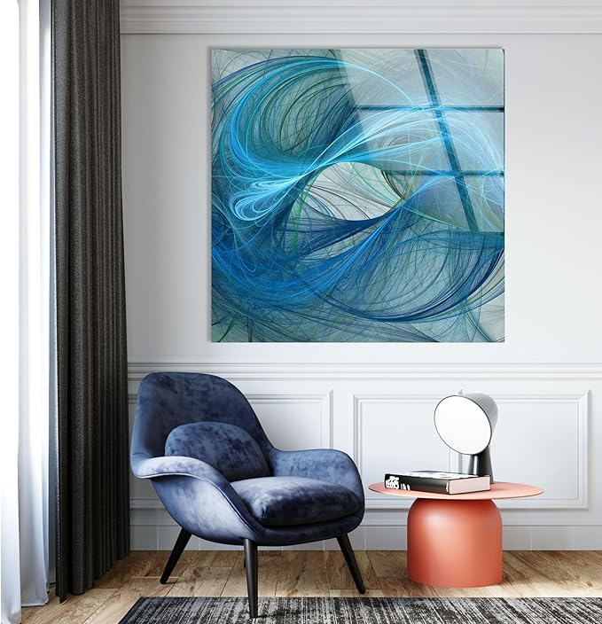 My Photostation.com 35.5Wx30H'' Blue Energy Abstract Wall Art – Fluid Motion Glass PrintTempered Glass Printing Wall Decor Large Wall Art Wall Hangings