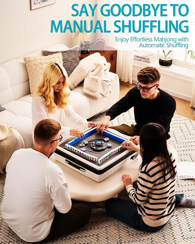 Portable Automatic Mahjong Table, Hand-held Mini-Mahjong, Automatic Mahjong, Foldable Mahjong Table w/American&Chinese -Style Magnetic Tiles, for Outdoor & Home Fun (White)