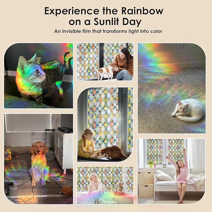 Window Privacy Film Rainbow Film Stained Glass 3D Static Cling Decorative Window Sticker for Bathroom,Front Door,Home Heat Control UV Blocking Non Adhesive,Diamond Grid 17.5 x 78.7 inches
