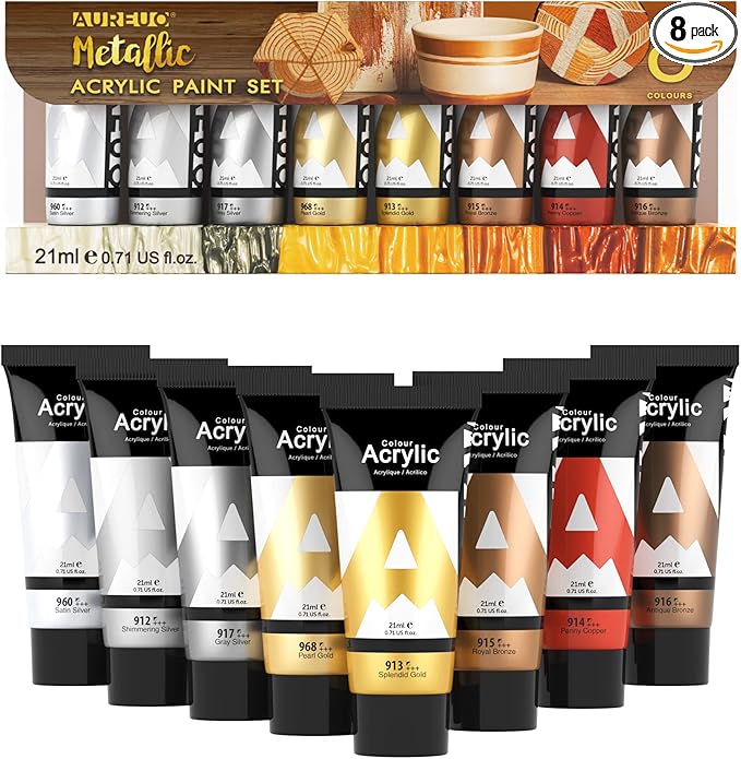 AUREUO Metallic Acrylic Paint Set - 8 Essential Colors 0.71 Fl Oz / 21ml Tubes Gold Silver Art Paints for Crafts Decor Rich Pigments Non-toxic Painting Supplies for Artists