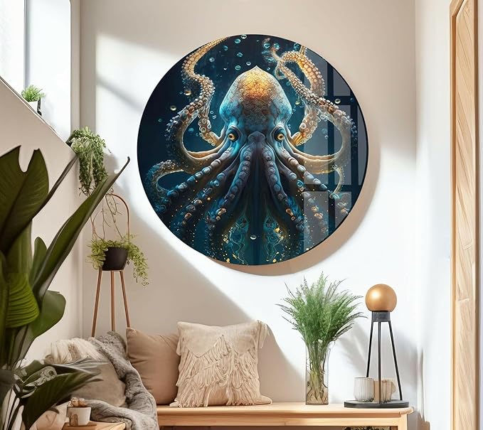 My Photostation.com Round 31,5'' Underwater Blue Octopus Glass Wall Art Tempered Glass Printing Wall Decor Large Wall Art Wall Hangings