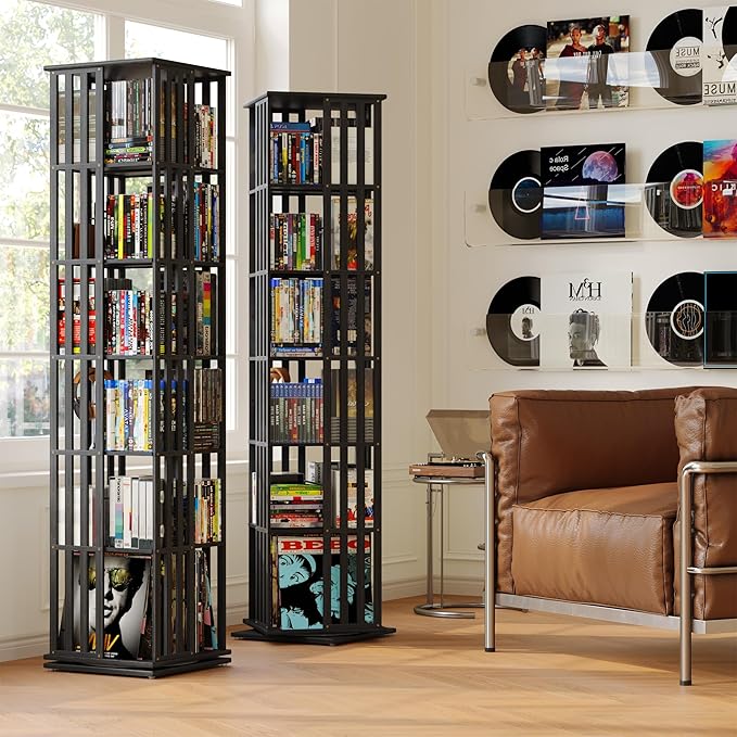 XIMN 360° Rotating Bamboo CD/DVD Shelf - 6-Tier Space-Saving Media Storage Cabinet for Movies, Organizer with Super Compact Design (Black, 6 Tier)