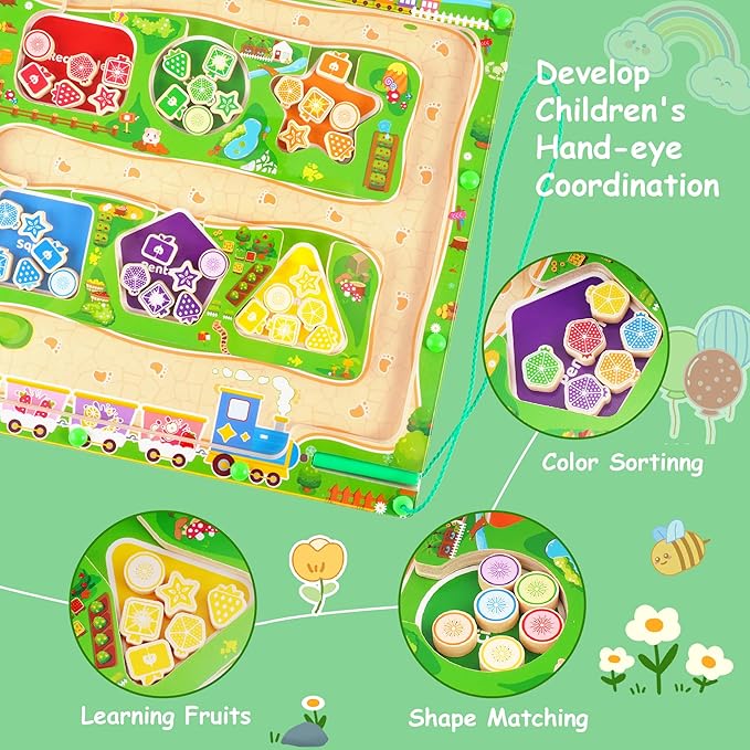 Magnetic Color & Shape Maze, Toddler Montessori Toys for 3 4 5 Year Old Girl Boy Birthday Gift, Magnetic Puzzles Board for Kids, Wooden Magnets Color Shape Sorting Toys, Preschool Learning Activities