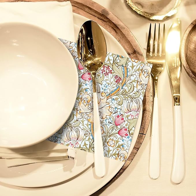 Quera 50 Pack William Morris Cocktail Napkins Golden Lily White Paper Napkins Beverage Napkins Disposable Paper Party Napkin Pack Decoration 5 "X 5"