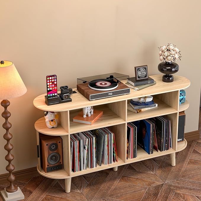 Large Round Record Player Stand with Charging Station & USB Ports，Record Storage Cabinet, Mid Century Modern Turntable Stand for Bedroom Living Room (Oak)
