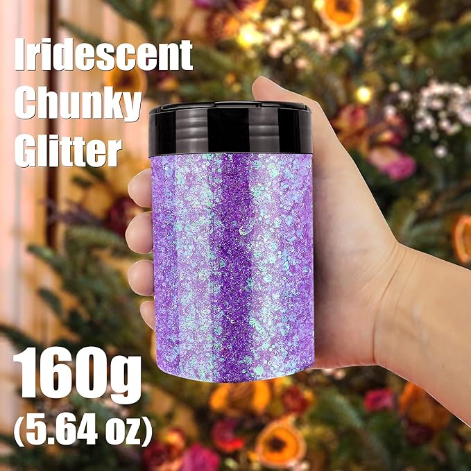 Iridescent Chunky Glitter, 5.64oz/160g Extra Fine Glitter Powder Mixed Chunky PET Flake, Holographic Sequins Bulk for Nail Art, Crafts Painting Festival Decor Slime Tumbler Candle (Purple)