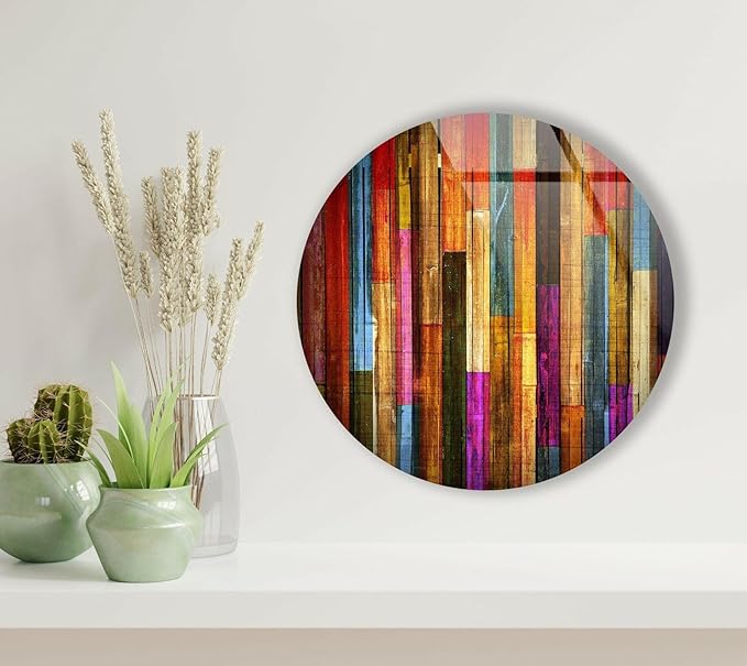 My Photostation.com 39,4''(100cm) Diameter Colorful Wood Pattern Round Glass Wall Art Tempered Glass Printing Wall Decor Large Wall Art Wall Hangings
