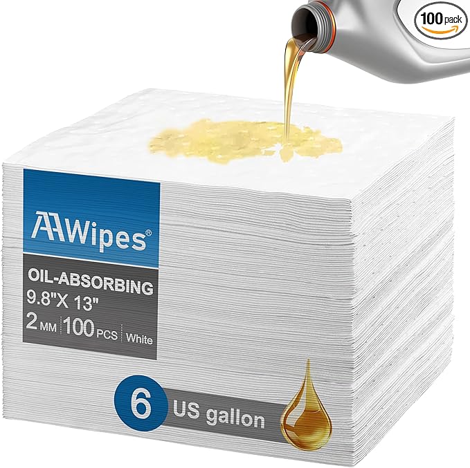AAwipes Oil Absorbent Pads Garage Accessories Oil Spill Control Oil Absorbing Sheets for Garage, Car, Truck, Motorcycle White 100 Pack 9.8" X 13" OW1013-100