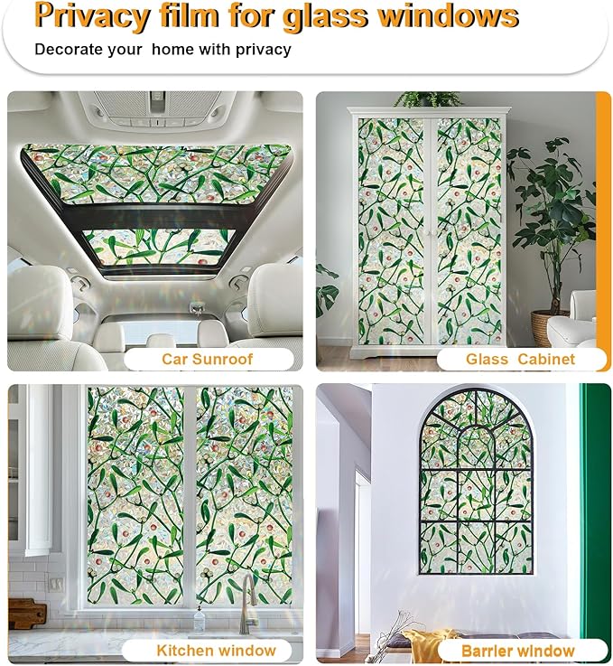 Window Privacy Film Stain Glass Window Film Rainbow Window Film Window clings Non-Adhesive Reusable Decorative for Room (Mistletoe Rainbow, 45.2 x 78.7 in)