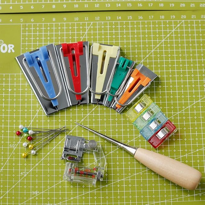 YICBOR Bias Tape Maker 6mm 9mm 12mm 18mm 25mm Fabric Bias Binding Maker with Binder Foot Bradawl Quilting Clips Sewing Pins Kit (Bias Tape Maker(Box))