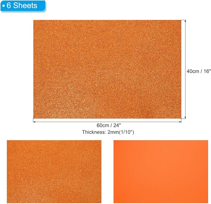 PATIKIL 2mm(1/10") Thick Non Adhesive Glitter Foam Sheet 16x24inch(40x60cm) Orange, EVA Shiny Foam Board for Craft, 6 Pcs