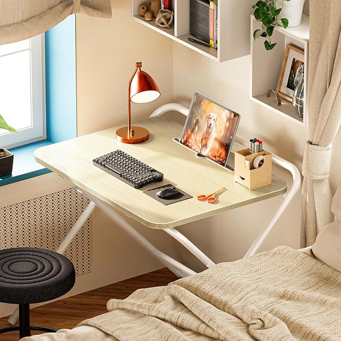 Huuger Folding Desk with 3-Level Adjustable Height and Tablet Slot, 24 Inch Foldable Computer Desk for Small Spaces, Space Saving, Writing Work Table for Home Office, Bedroom, Study, Oak
